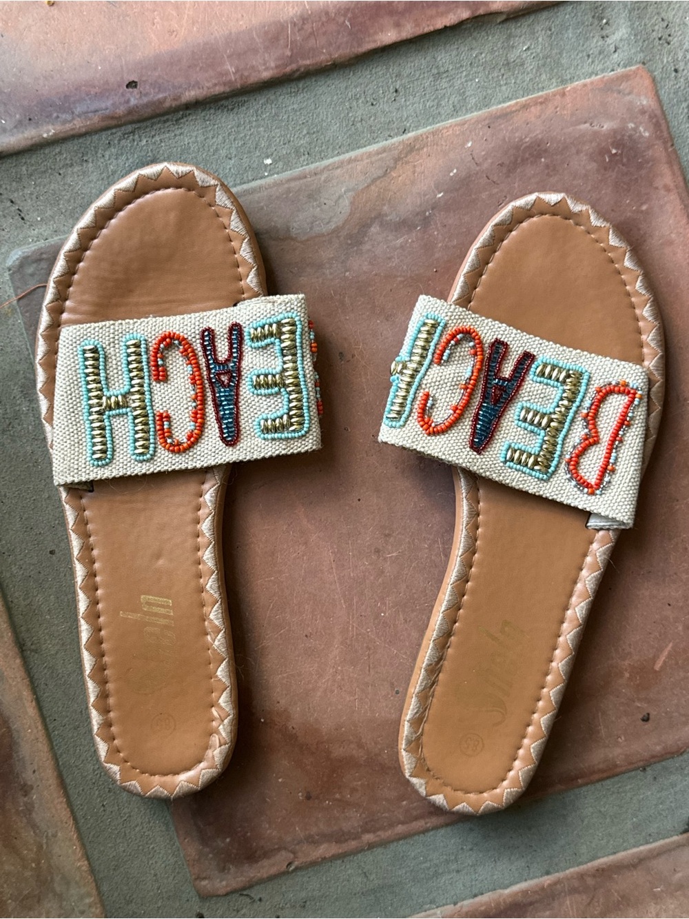 Beaded 'Beach' Slide Sandals in Tan and Multicolor